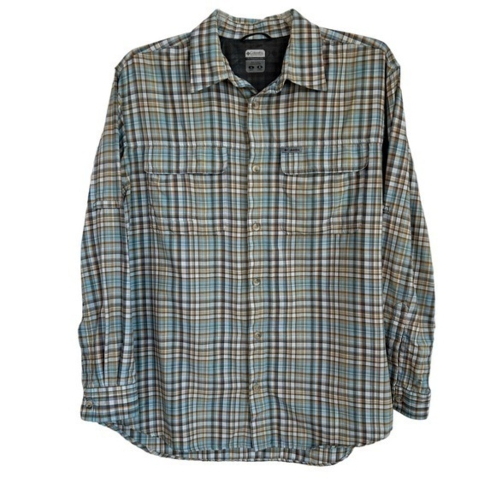 Columbia Titanium Mens Shirt Button Up Vented Plaid Gold Blue Tab Sleeve Size L
